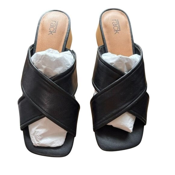 Nordstrom Rack Black Leather Crisscross Open-Toe Sandals Wooden Block Heel - Picture 2 of 8